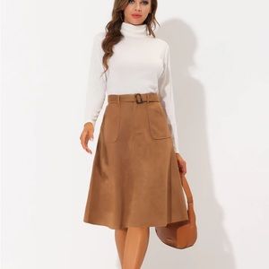 Casual Faux Suede Pockets Stretch A-Line Midi Skirt With Belt